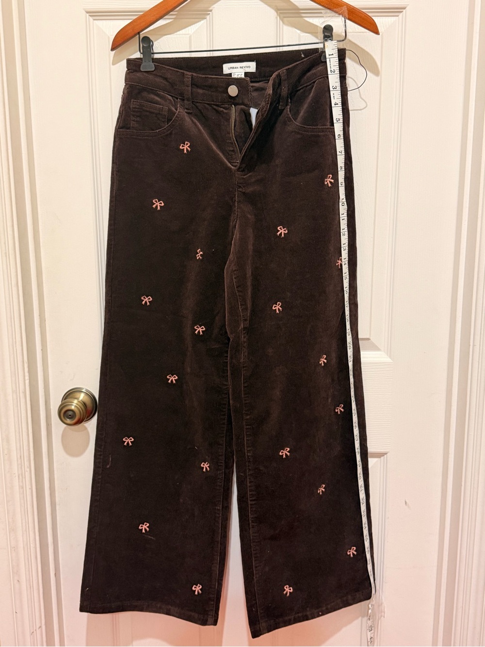 Urban Outfitters Dark Brown Corduroy Wide-Leg Jeans with Pink Bow Embroidery